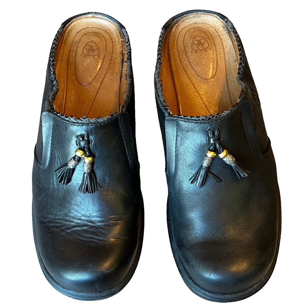 Ariat Mendocino Mules Clogs‎ Black Leather Tasseled Beads Womens 9 UK 6.5 EU 40
